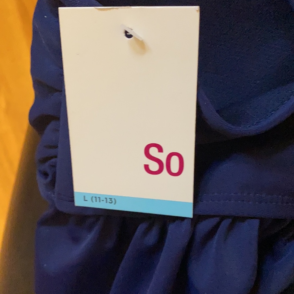 BNWT navy swimwear tie-front flounce triangle JR L - Picture 4 of 5